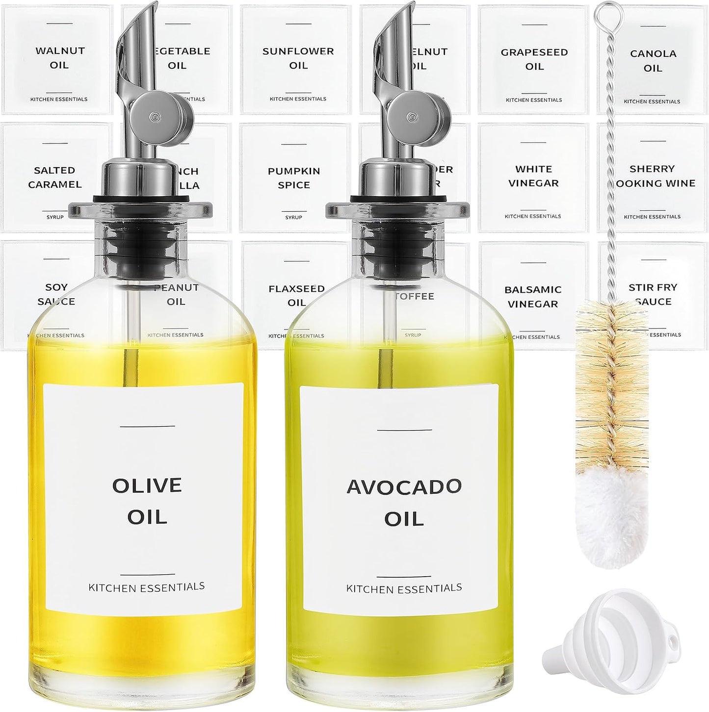 Olive Oil Dispenser Bottle - Includes 55 Kitchen Essential Labels - Cooking Oil Bottles for Kitchen, Coffee Syrup Dispenser - Pourer Spout with 11.8 fl oz Glass Container Cruet - 2pcs Silver
