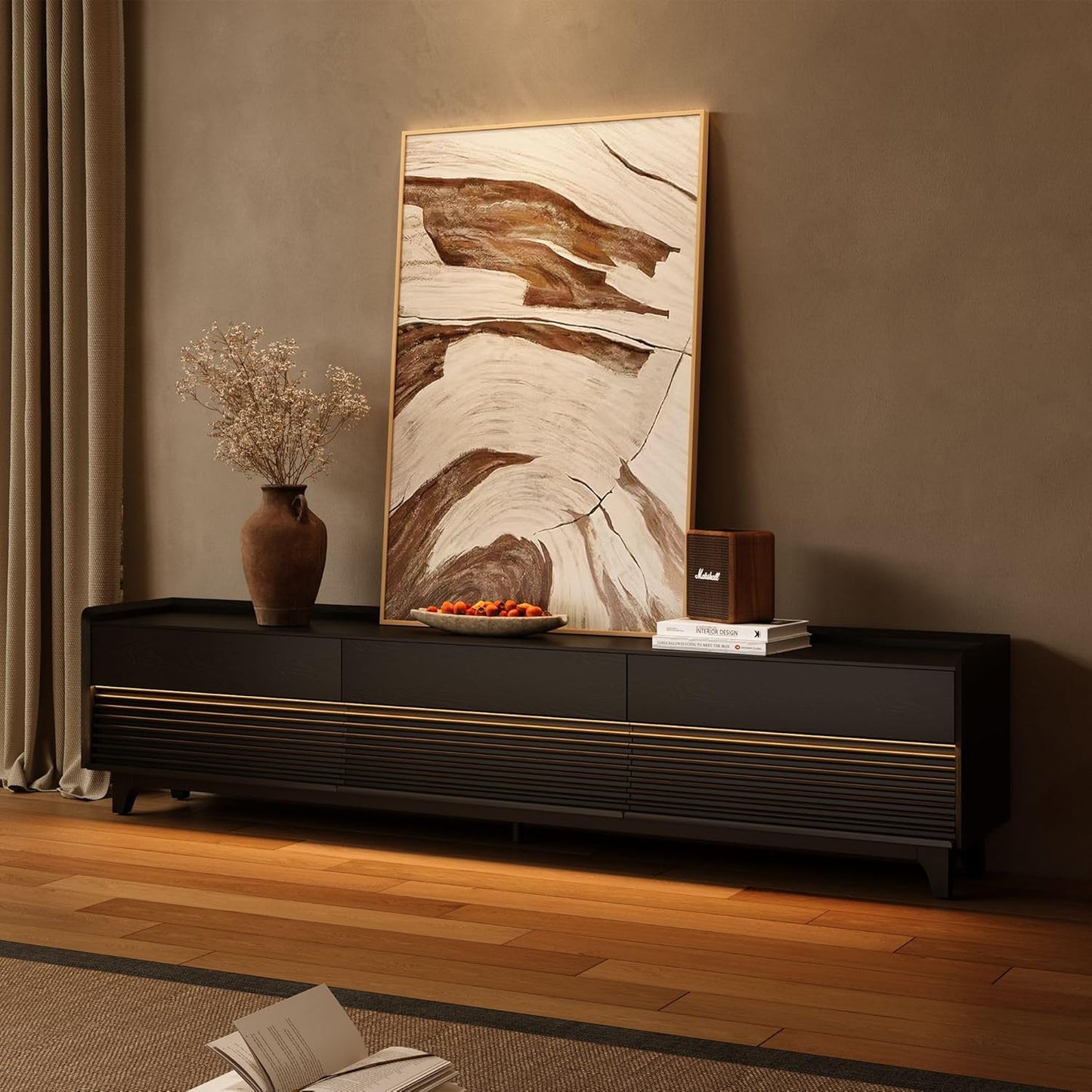 POVISON Fully-Assembled Mid Century Modern TV Stand with Legs, Wood Media Console with Adjustable LED Light, Entertainment Center with Storage for Living Room