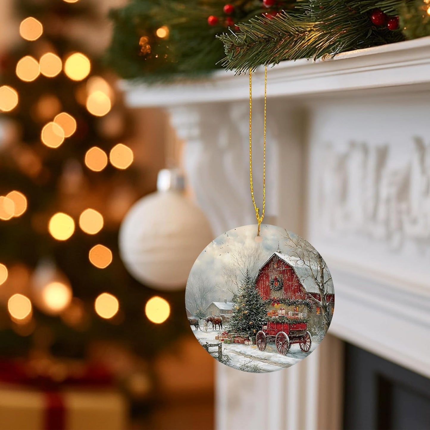 Vintage Christmas Ceramic Ornament Gifts, Retro Rustic Winter Christmas Countryside Decorative Hanging Ornaments for Xmas Tree Holiday Party Decoration, Winter Xmas Tree Decorations