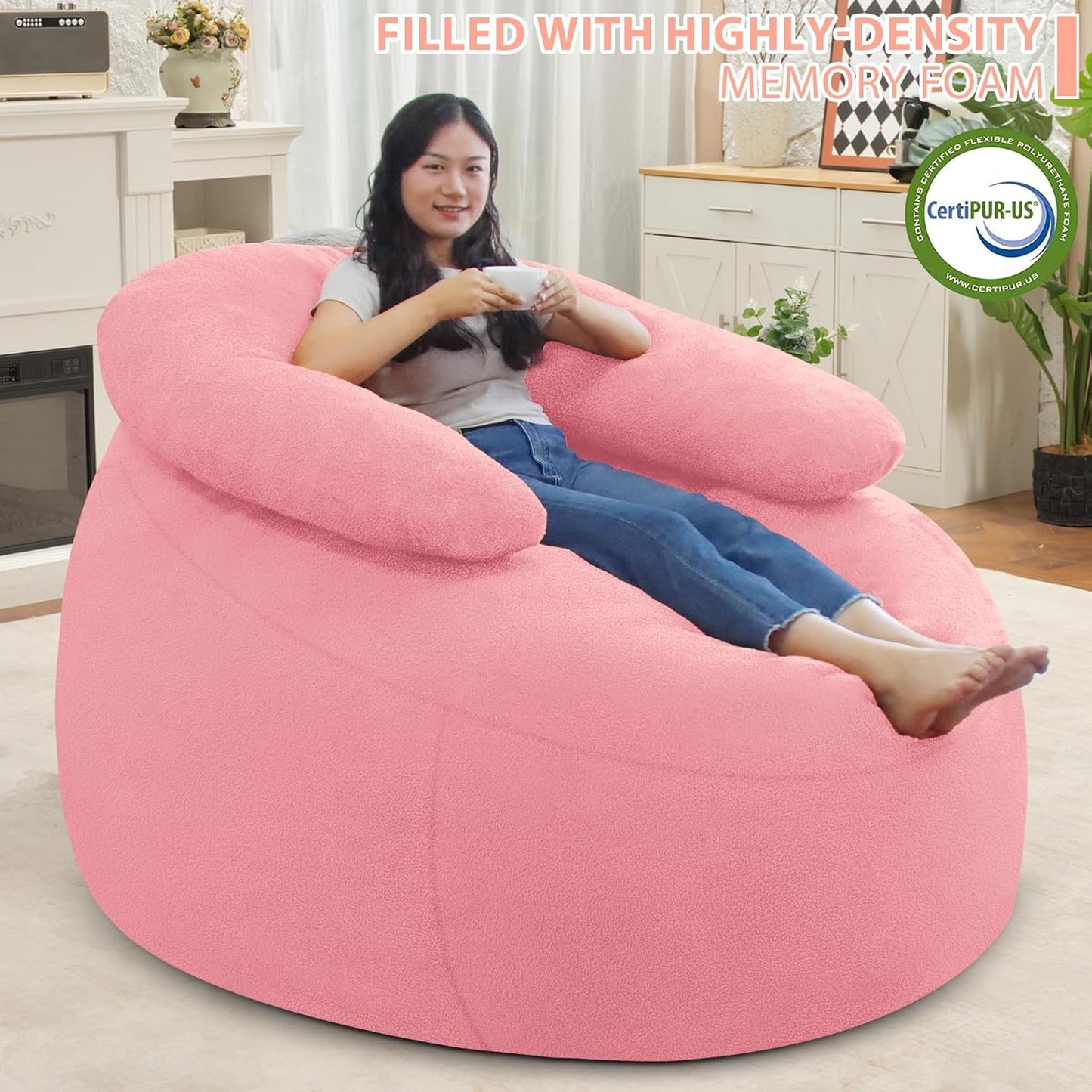 HABUTWAY Bean Bag Chair with U-Shaped Pillow for Adult and Kids Big BeanBag Chair with Filling Ultra Soft Teddy Fleece Couch Chair with Washable Cover for Living Room Bedroom, Light Pink & Light Pink