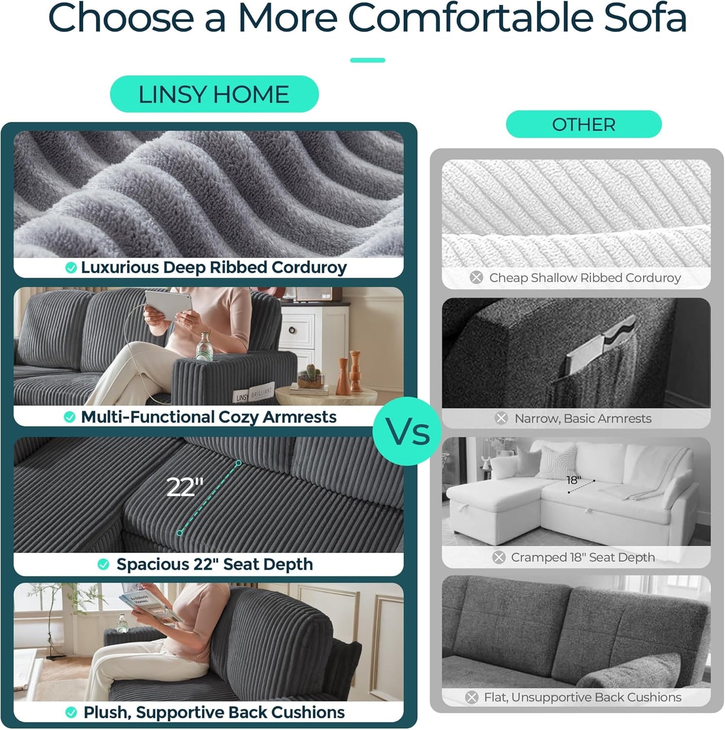 LINSY HOME Sectional Sleeper Sofa with Pull Out Couch Bed - Convertible Plush Corduroy Cloud Couch with Storage Chaise & USB Charging, Comfy Modular Couches for Living Room, Grey