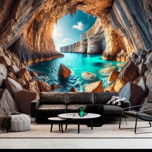 BSFHH Nature Tapestry Forest Tree Sea Cave Wall Hanging, Stream Through Rainforest Landscape Wall Art Tapestry for Bedroom Living room (Cave Sea View, 90"×70", Unframed)