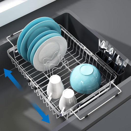 MAJALiS Expandable in Sink Dish Drying Rack - Adjustable Capacity (11.3''-17''L) Stainless Steel Over Sink Dish Drainers Rack for Kitchen Sink with Utensil Holder, Silver