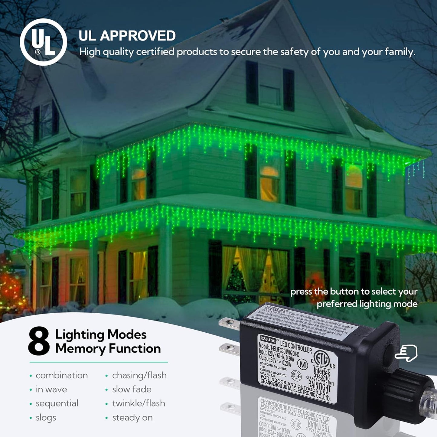 Hopolon 33FT 360L LED Christmas Icicle Lights Outdoor Waterproof,8 Modes Plug in Curtain String Lights with 60 Drops,Christmas Lights for Wedding,Party,Bedroom,Home,Garden,Wall Decorations(Green)