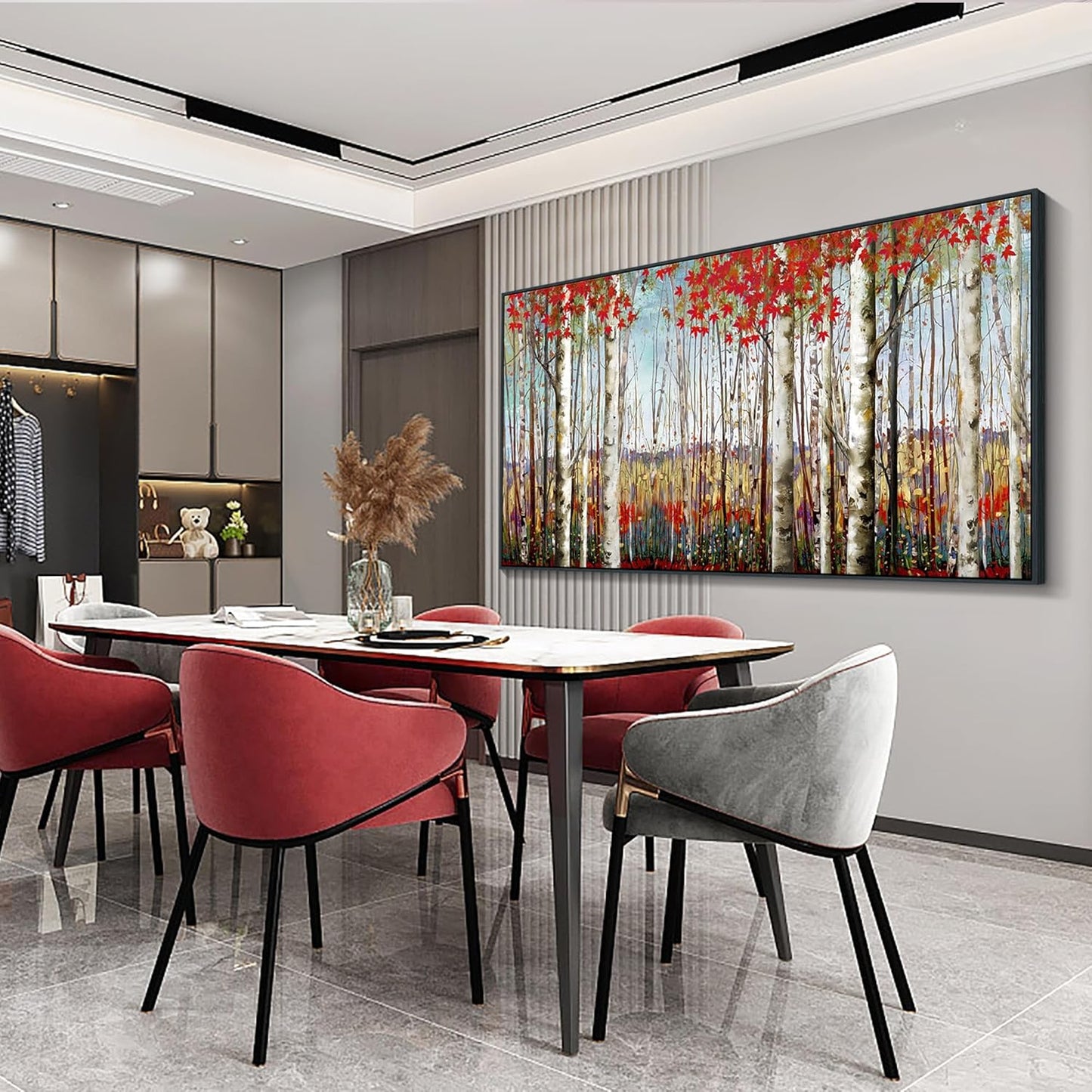 Mofutinpo Large Framed Wall Decor canvas Red Leaves White Birch Tree Wall Art For Living Room bedroom rustic kitchen Modern painting Artwork 29x58 Large Size Black Framed