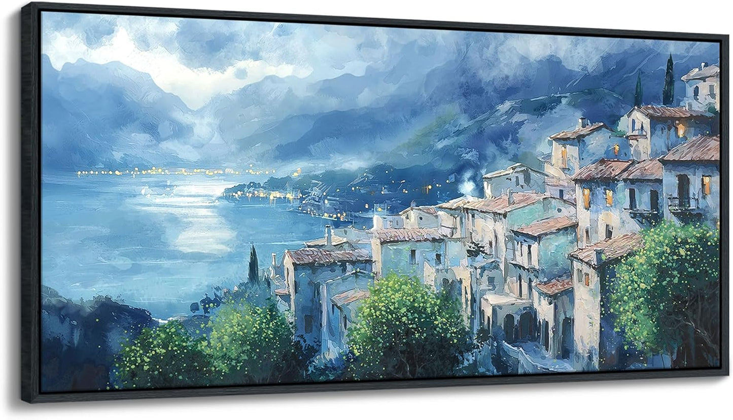 JEAWA Large Framed Canvas Painting - Landscape Wall Decor Ready to Hang, Gray Blue Town Picture, Lights of Thousands homes Art Prints for Bedroom Living Room Home Decoration, 29x58 IN