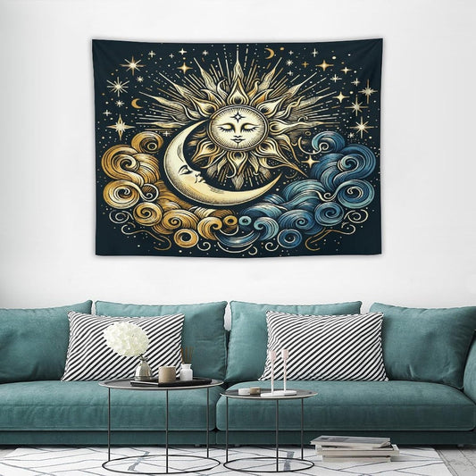 HZOHNAGO Sun Moon Tapestry Boho Golden Stars Pattern Printed Wall Tapestry Wall Hanging for Bedroom Living Room Dorm 40" W x 30" H