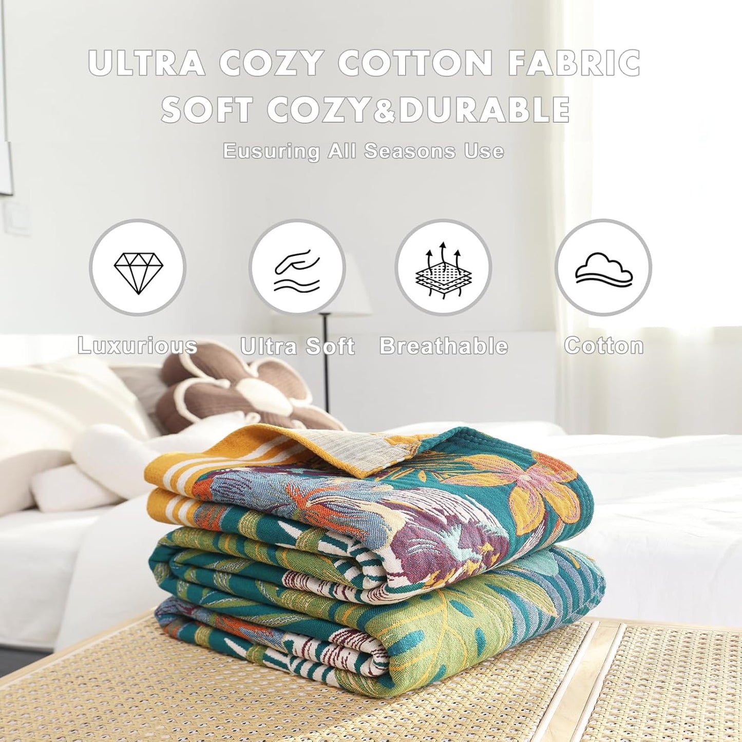 MSGKV Cotton Bed Blanket for Couch and Sofa Blankets for Living Room Bedroom Reversable Florals Throw 80"x90" Breathable Cozy Boho Blankets