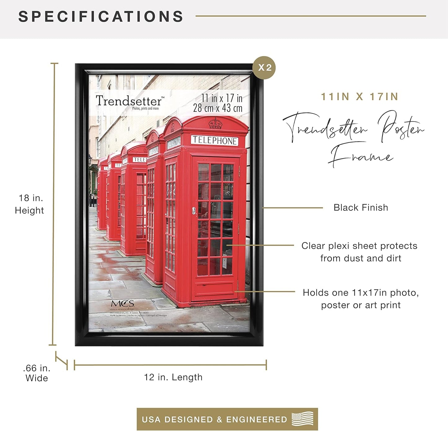 MCS Trendsetter 11x17 Poster Frame Black High-Gloss, Vertical & Horizontal Wall Hanging Large Picture Frame for Photos, Posters & Art Prints (2-Pack)