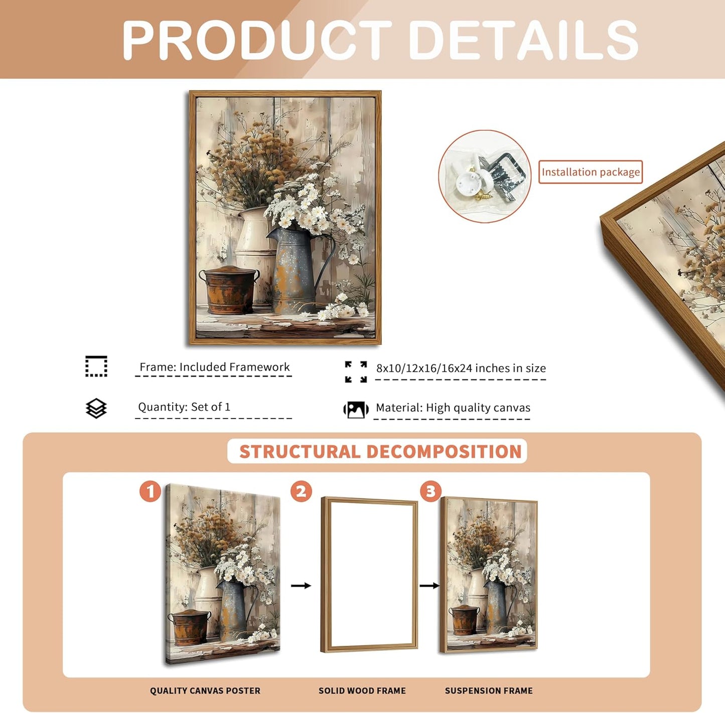 Floating Framed Farmhouse Vintage Canvas Wall Art, Country Floral Daisy Pictures Wall Decor, Wood Grain Art Paintings Poster for Living Room Bedroom Bathroom Rustic Decor 16x24 inch