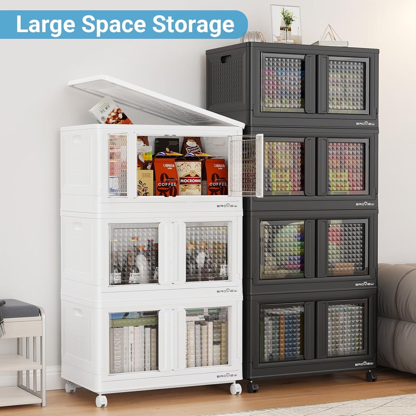 300Qt Stackable Storage Bins with Lids, 75Gal Closet Organizers and Storage Drawer, Plastic Collapsible Storage Bins with Doors, Heavy Duty Store Box Cabinet for Home Kitchen, 3Pack White