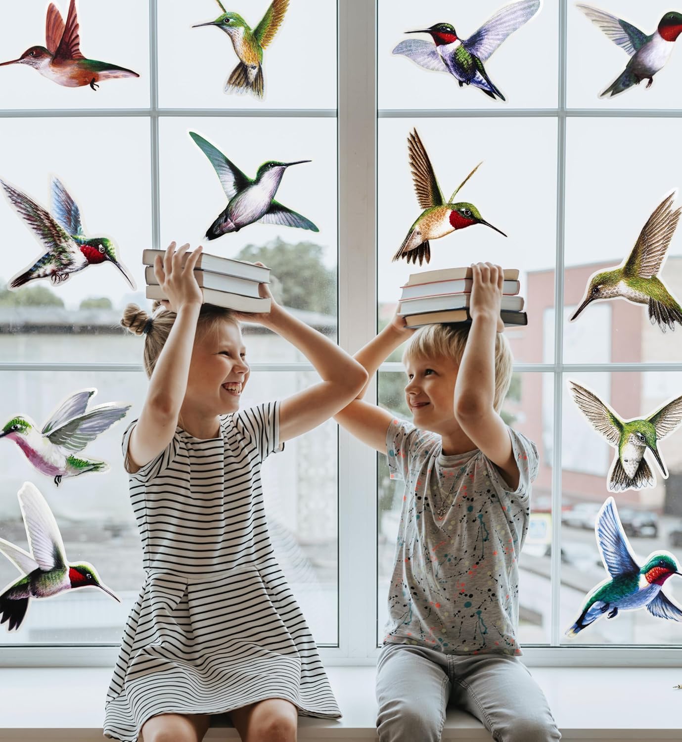 Iconikal 24-Count Large 6-inch Static Cling Window Decorations, Hummingbirds Flying