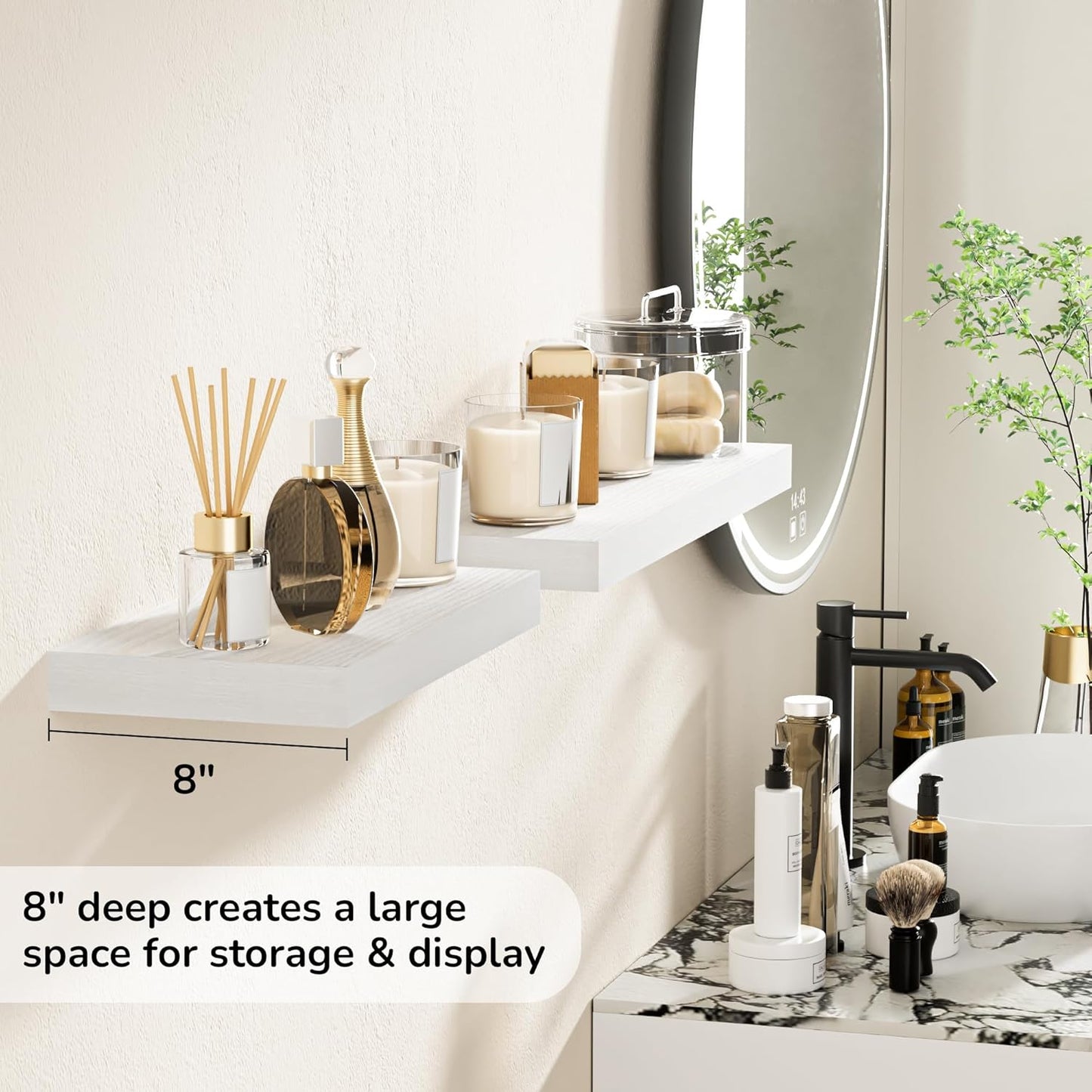 Fun Memories 16 Inch Floating Shelves - Deep Rustic White Wooden Wall Shelves - Extra Deeper & Thicker Wall Mounted Storage Shelf for Bedroom, Kitchen, Farmhouse - 2 Pack, Rustic White