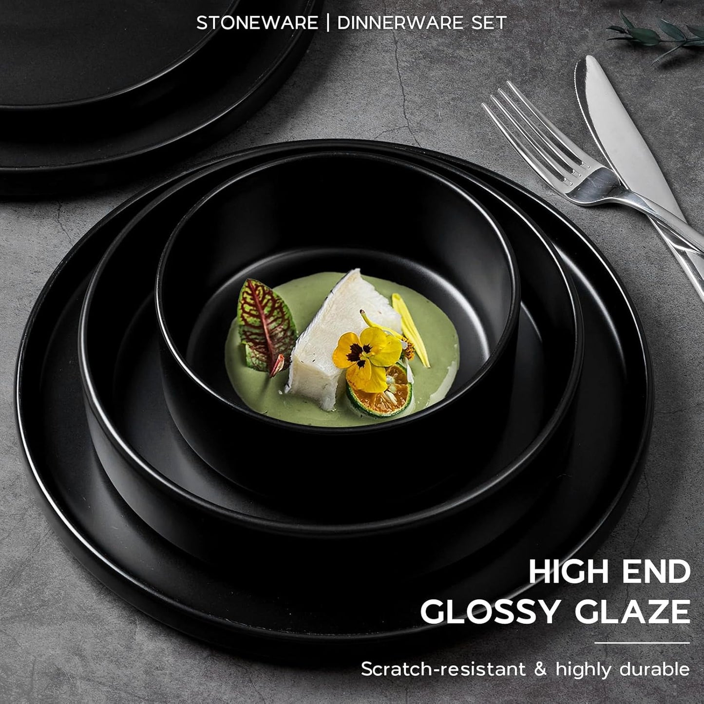 Onader Stoneware Dinnerware Set for 2 with Pasta Bowl, 8 Piece Plates and Bowls Dish Dinner Set, Microwave & Dishwasher Safe - Ebony Black