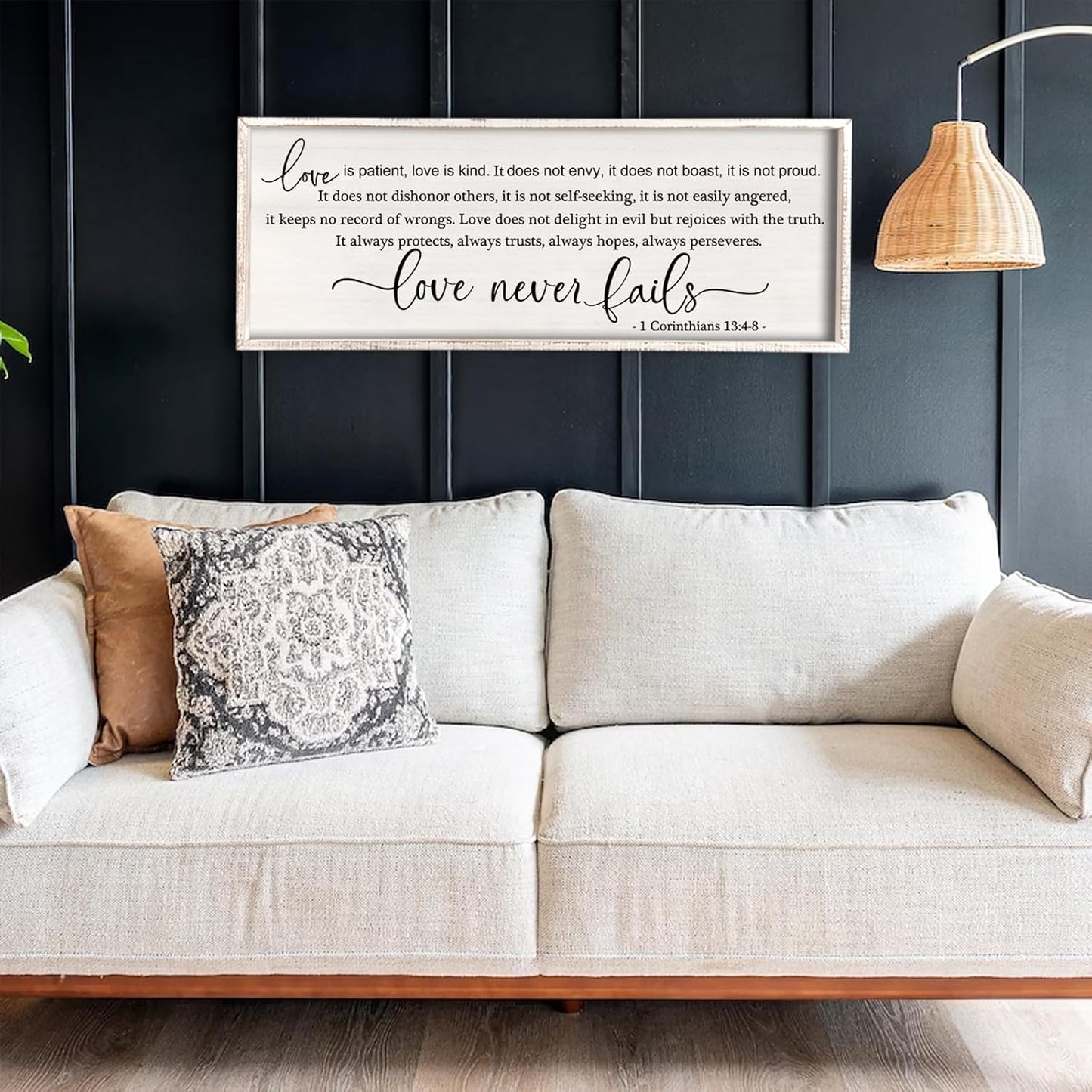 flowtorely Love is Patient, Kind Wall Art Decor 40"X15" Love Never Fails Sign 1 Corinthians 13 Bedroom Above Bed Large Bible Verse Quote Scripture Christianity Hanging Sign (White)