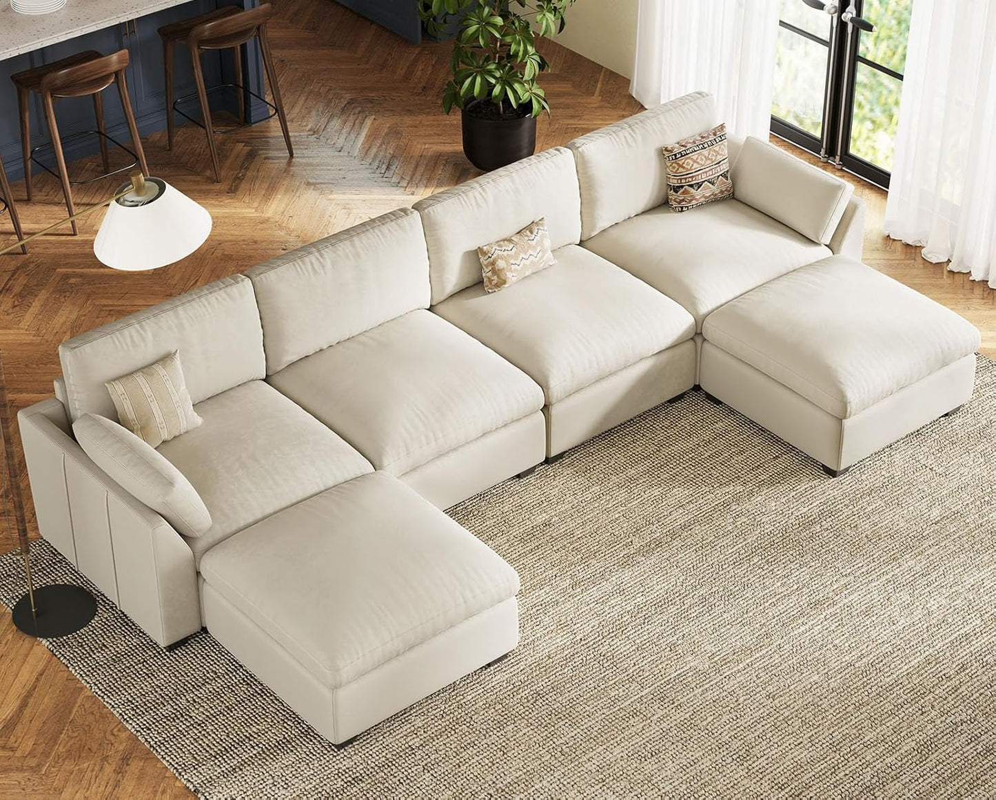 Belffin Sectional Couch with Extra Deep Seat,137.8" Cloud Modular Sectional Sofa,Convertible 6-Seater U Shaped Couches for Living Room,Oversized Comfy Velvet Beige Couch