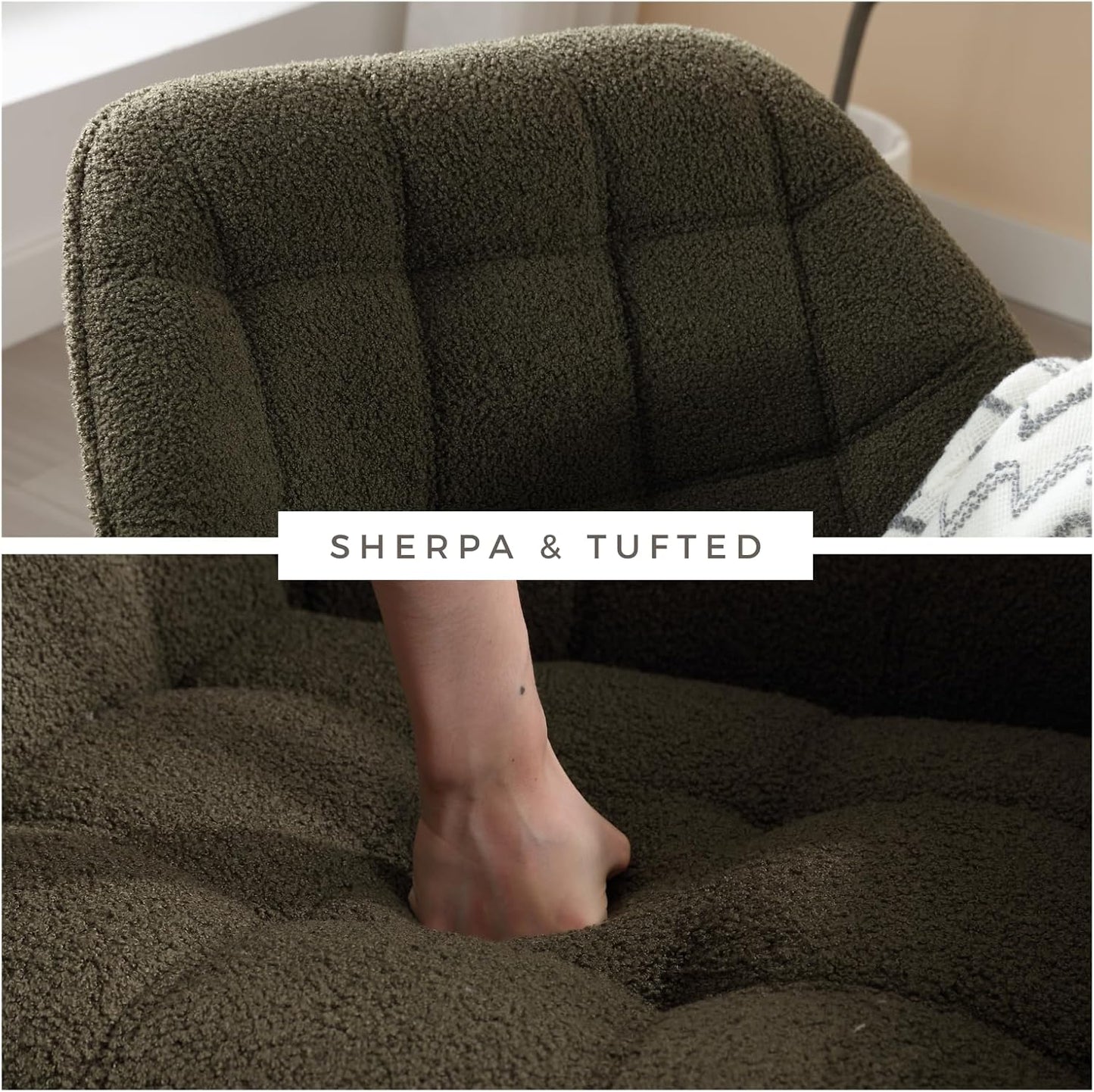 Modern Sherpa Accent Chair with Ottoman, Fluffy Upholstered Lounge Chair with Footrest, Comfy Living Room Side Boucle Armchair for Small Space Bedroom Apartment, Green