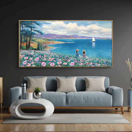 XLSJERST Large Landscape Wall Art - Blue Ocean Pink Flower Sailboat Mountain Tree Decor Orange Frame Artwork for Wall Large Picture for Living Room Bedroom Home Office Wall Decoration Size 29x58