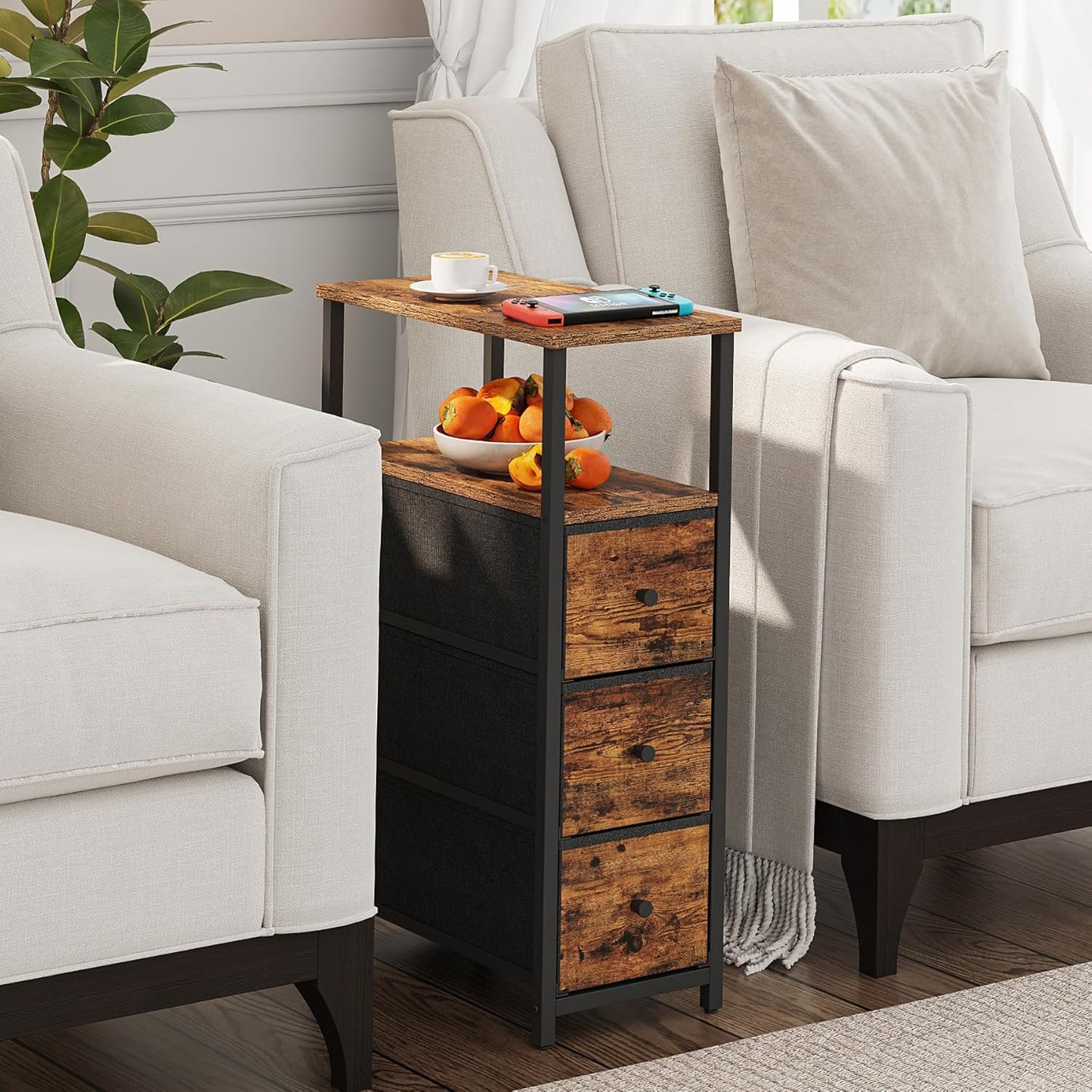 TUTOTAK Narrow Night Stand, Slim End Table, Tall Side Table with 3 Fabric Drawer, Small Bedside Table with Storage, Set of 2, for Living Room, Bedroom, Brown TB01BB072