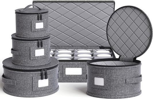 YearningHome China Storage Containers,Hard Shell Box with Felt Dividers for Dishes,Dinnerware,Plates,Mugs,Wine and Glasses,Mugs,Stackable Fine China Storage for Moving and Packing 5 Piece,Grey