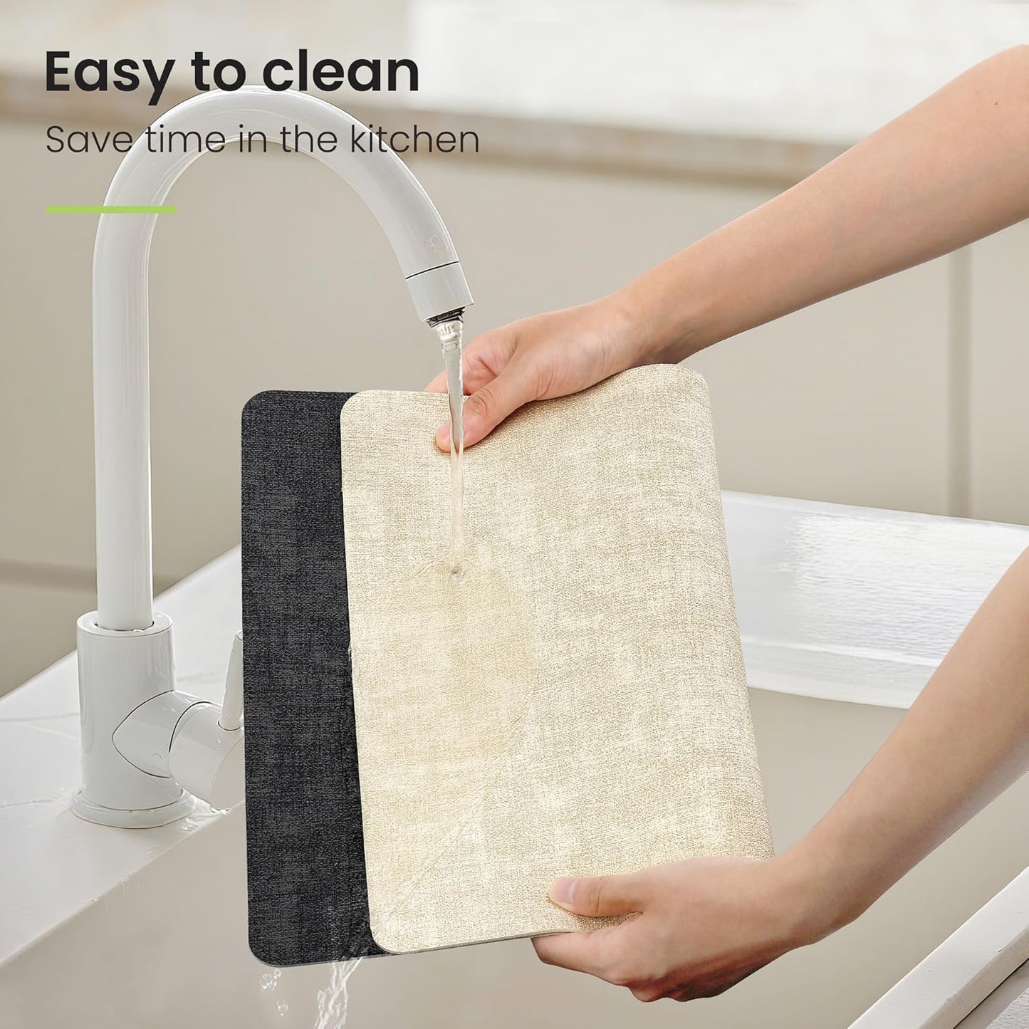 Faux Leather Dual Sided Placemats Set of 4, Square Non-Slip Heat Resistant Placemats with Coaster, Reversible wipeable Waterproof Table Mats for Kitchen, Dining, Outdoor (4, Black Beige)