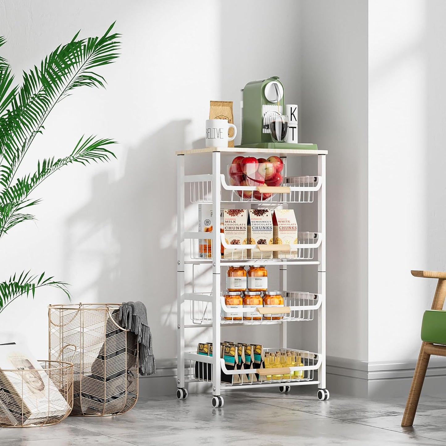 5-Layer Fruit Basket Kitchen Food Storage Organizer and Storage Rack, Stackable Storage cart with Desktop, Pull-Out Hollow Metal Storage Basket, Wheeled Sorting Rack Spice Rack