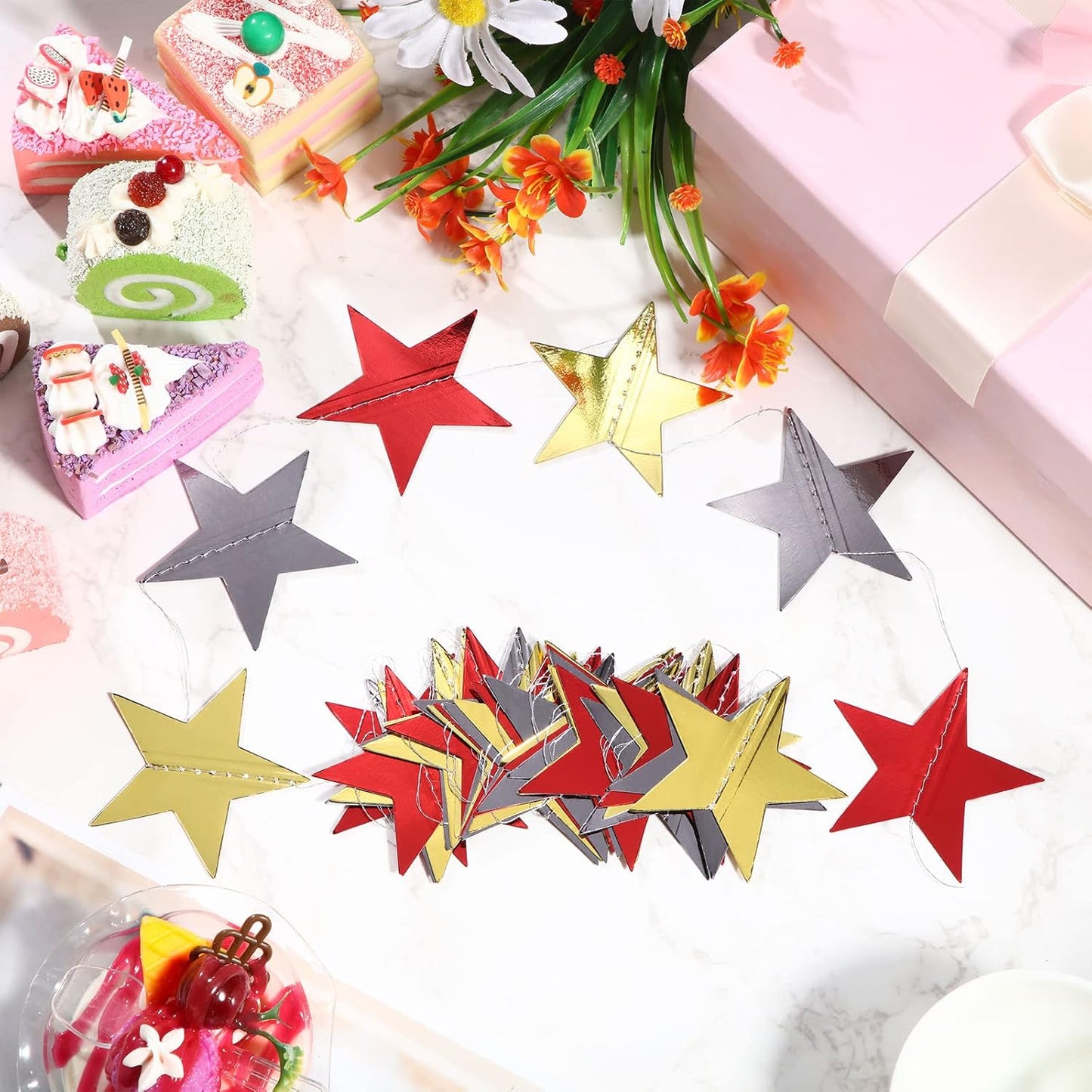 Patelai Glitter Star Garland Banner Decor 130 Feet Star Hanging Bunting Banner Twinkle Backdrop for Homecoming Classroom Wedding Birthday Halloween Christmas Party Supplies(Red, Black, Gold)