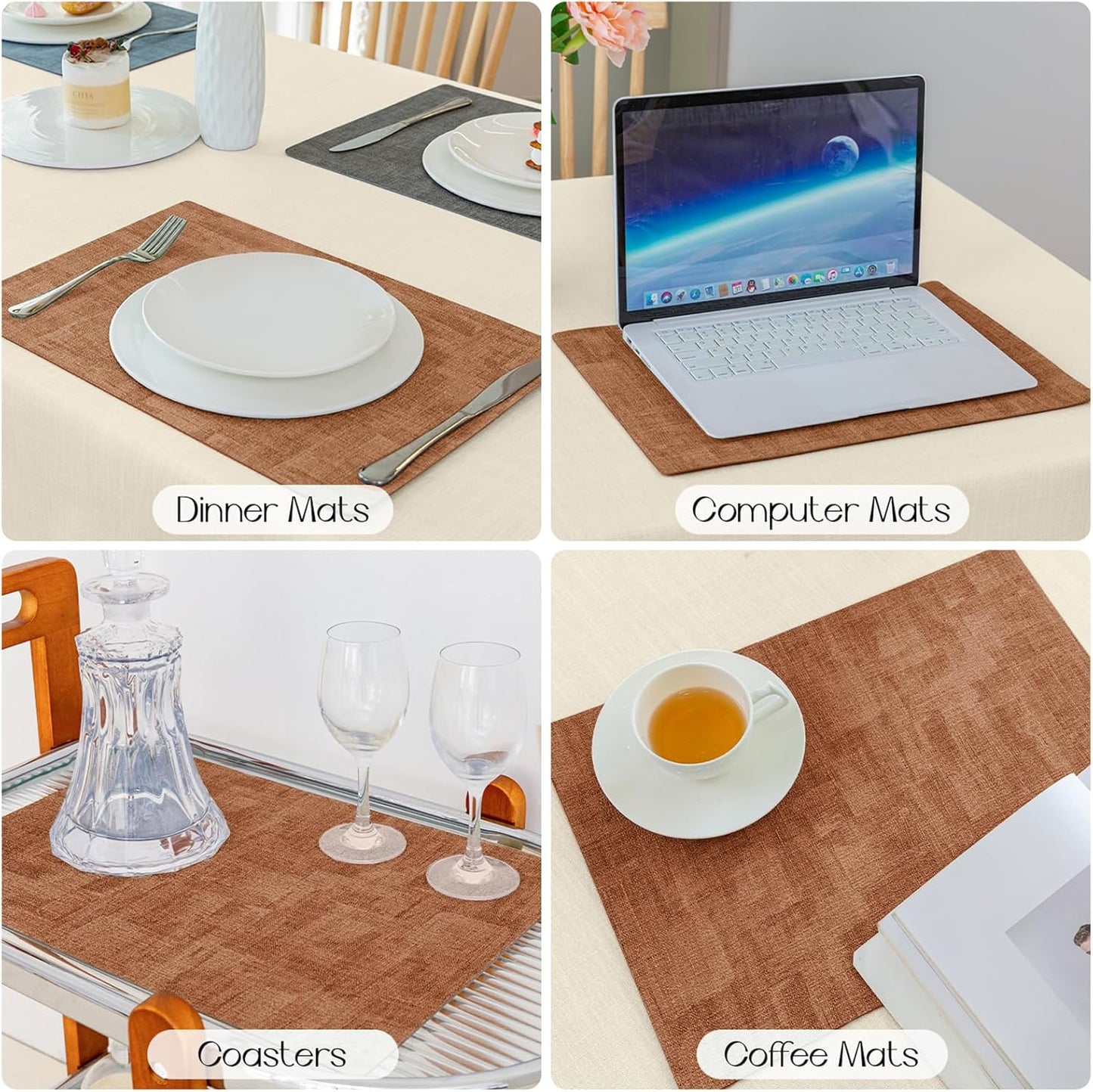 Romanstile Reversible Vinyl Placemats Set of 6, Faux Leather 100% Waterproof Oil-Proof Wipeable Place Mats, Heat Resistant Dual Sided Table Mats for Kitchen/Dining/Party (Grey Orange, 12 x 17 Inch)