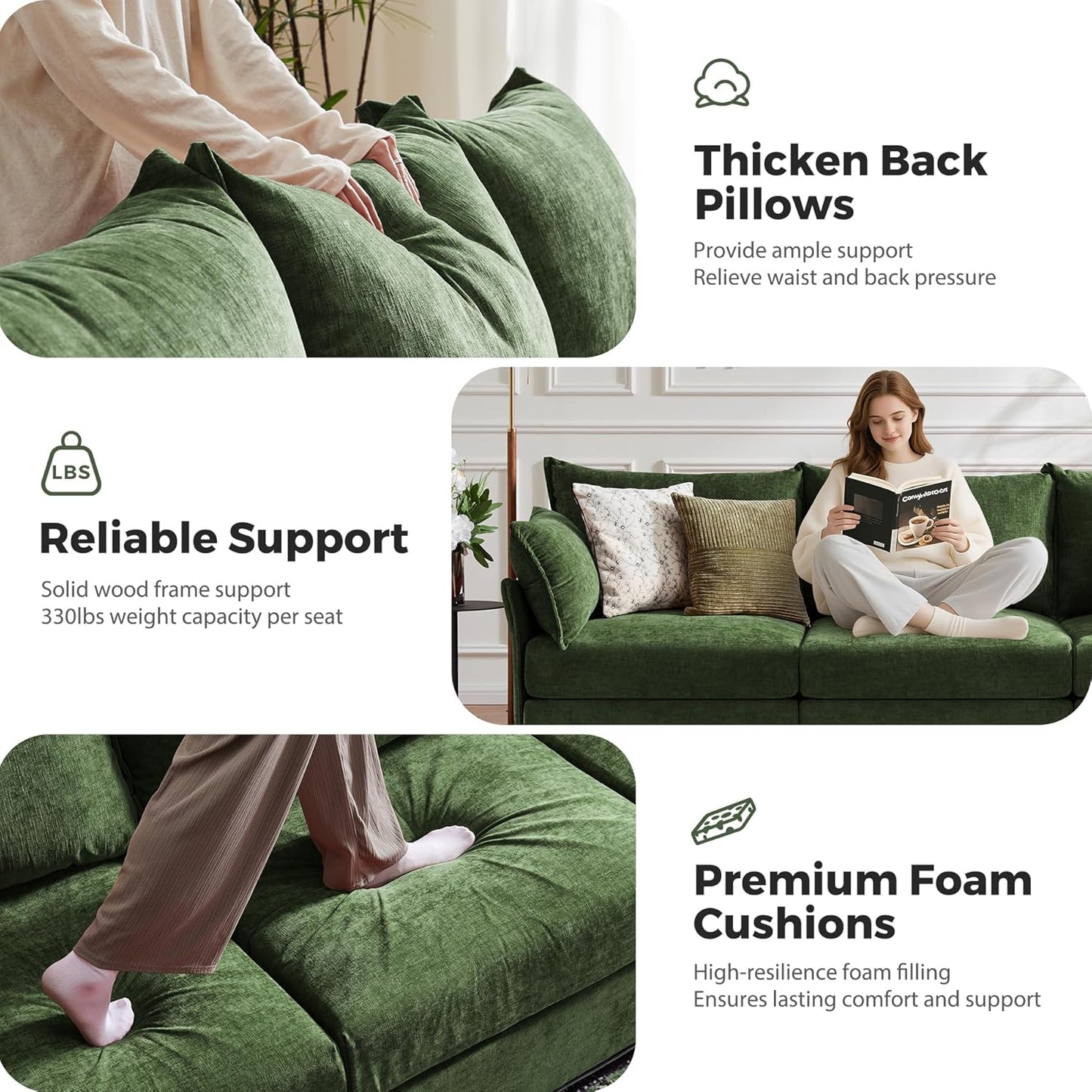 198.6" Oversized Modular Sectional Sofa, U Shaped Convertible Couch with Movable Ottoman, Large 10 Seats Corner Couches for Living Room Deep Seat Green Chenille