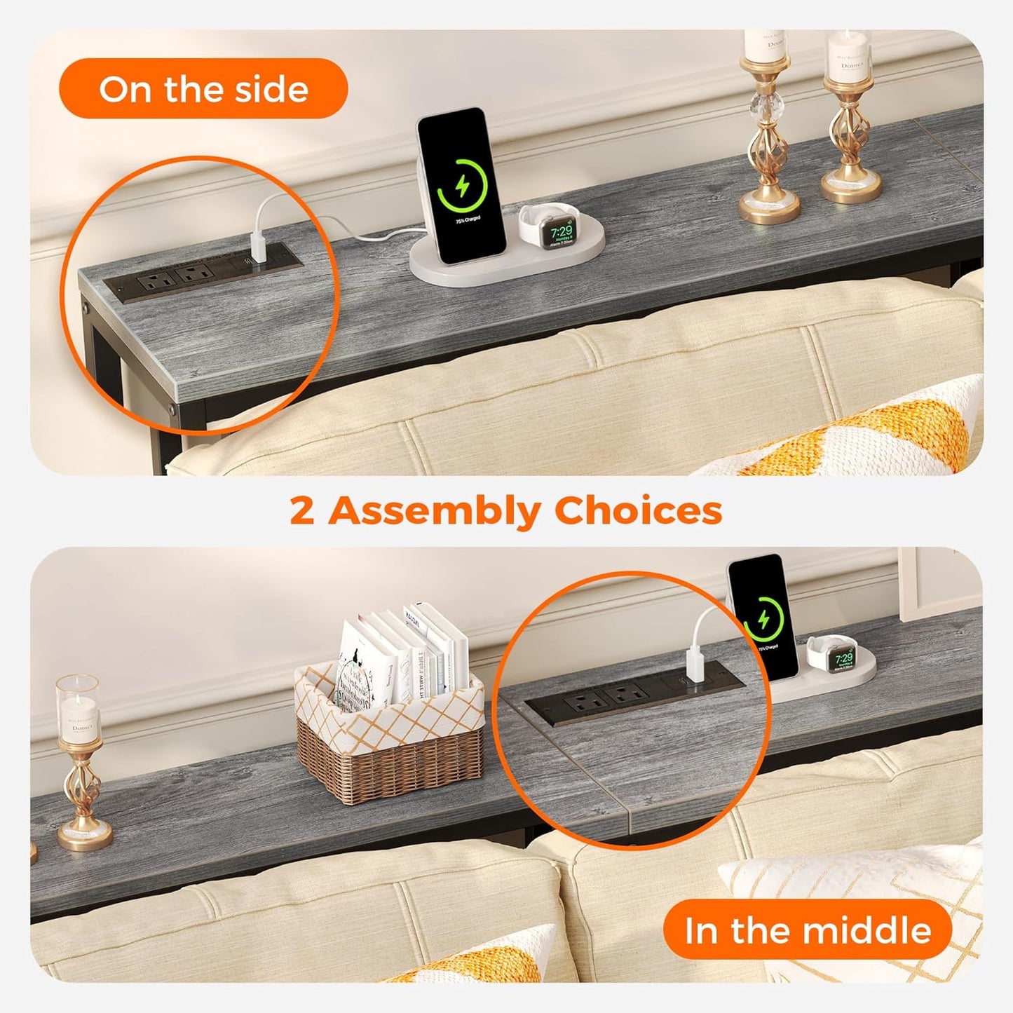 SUPERJARE Console Table with Outlet, 63 Inch Sofa Table with Charging Station, Narrow Hallway Entryway Table, Behind Couch Table Skinny for Entryway, Living Room, Plants, Charcoal Gray