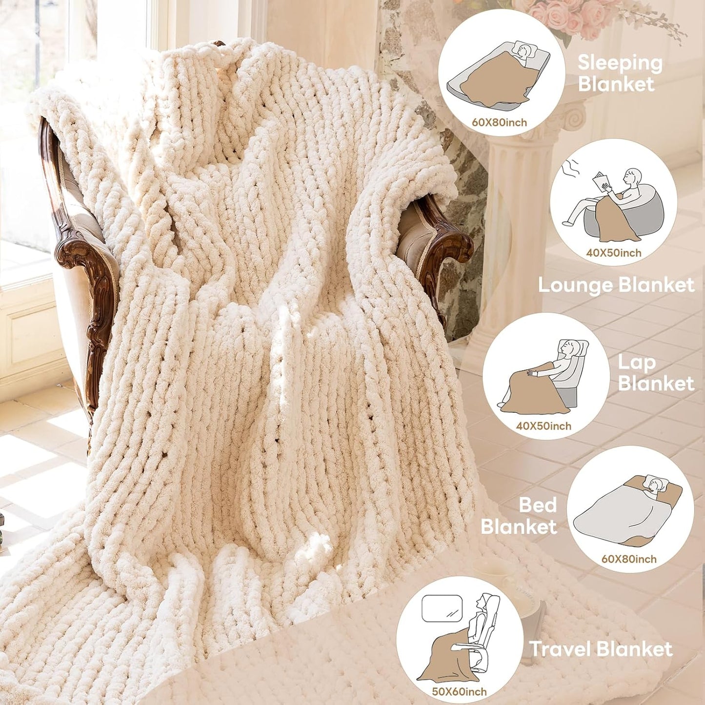 Chunky Knit Blanket - Luxury Soft Cozy 40 * 50 Throw Blanket,100% Woven Blanket Rope Knot Throw Blanket for Couch, Sofa, Home Decor, Gift - Machine Washable(Cream)