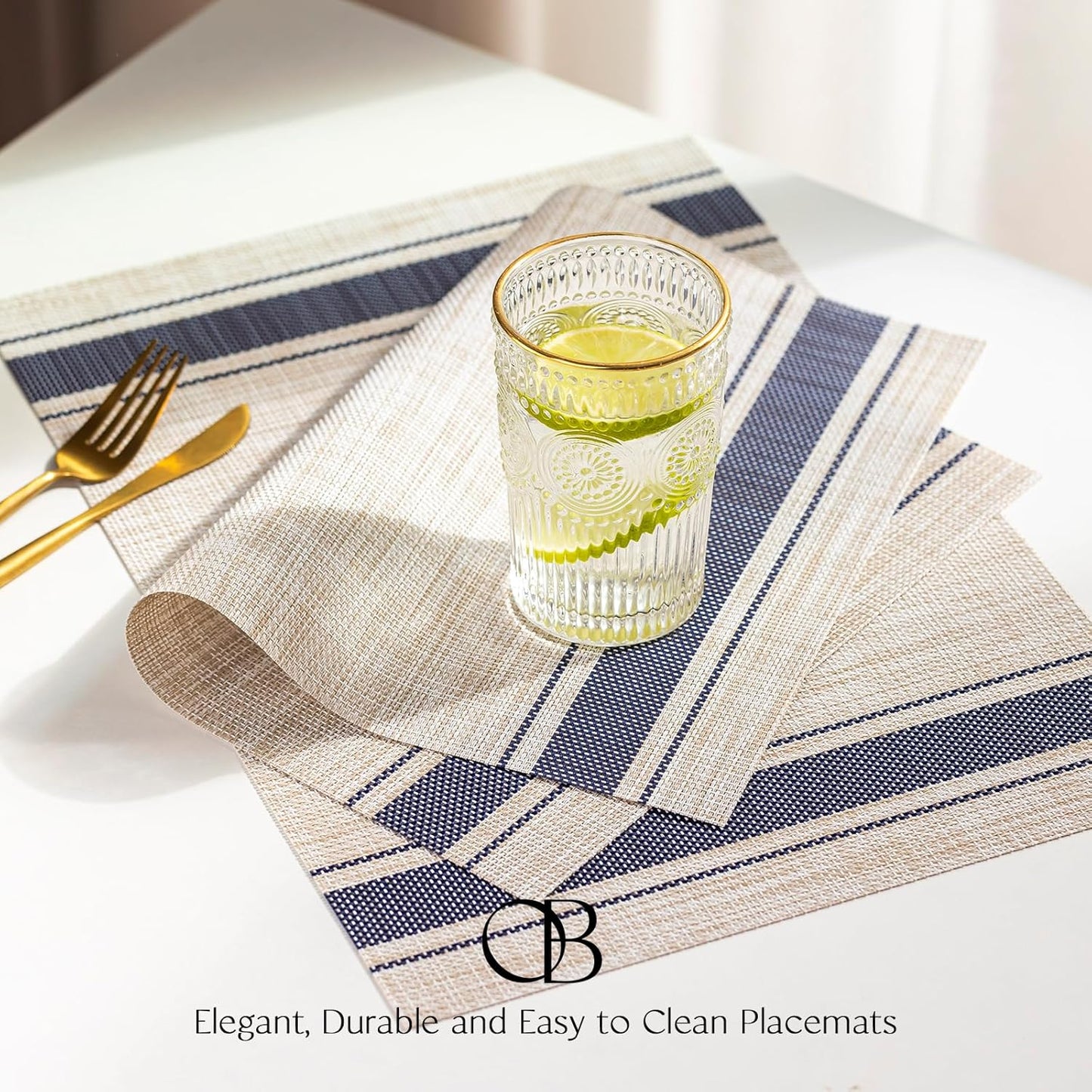 Placemats Set of 8 - Easy Clean Woven Vinyl Placemats for Dining Table, Indoor/Outdoor Place Mats, Washable PVC Table Mats（Blue Skyline）