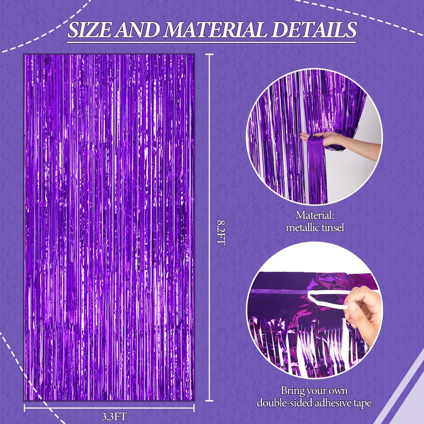 3 Pack Foil Fringe Backdrop - Purple Shiny Tinsel Curtains for Party Decoration/Photo Booth Props - 3.3x8.2 FT Metallic Foil Backdrop for Birthday, Wedding, Graduation, Christmas.