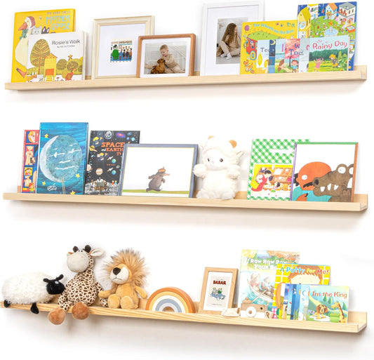 Pine Wood Nursery Book Shelves 3 Pack, Floating Ledge Shelves for Kids' Room, Bedroom, Bathroom, Long Floating Shelves for Wall, Natural
