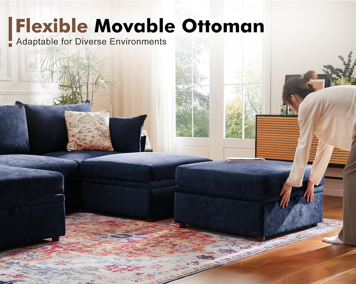 102.6" Modular Sectional Sofa, L Shaped Couch Set for Living Room, 3-Seater Comfy Cloud Couches with Movable Storage Ottoman,DIY Combination - Chenille Blue