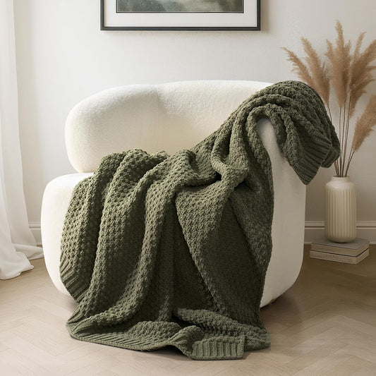 Chunky Chenille Knit Throw Blanket for Couch, Soft Luxurious Moss Stitch Blankets for Bed, Cozy Decorative Farmhouse Knitted Throws for Sofa, Olive Green, 60" x 80"