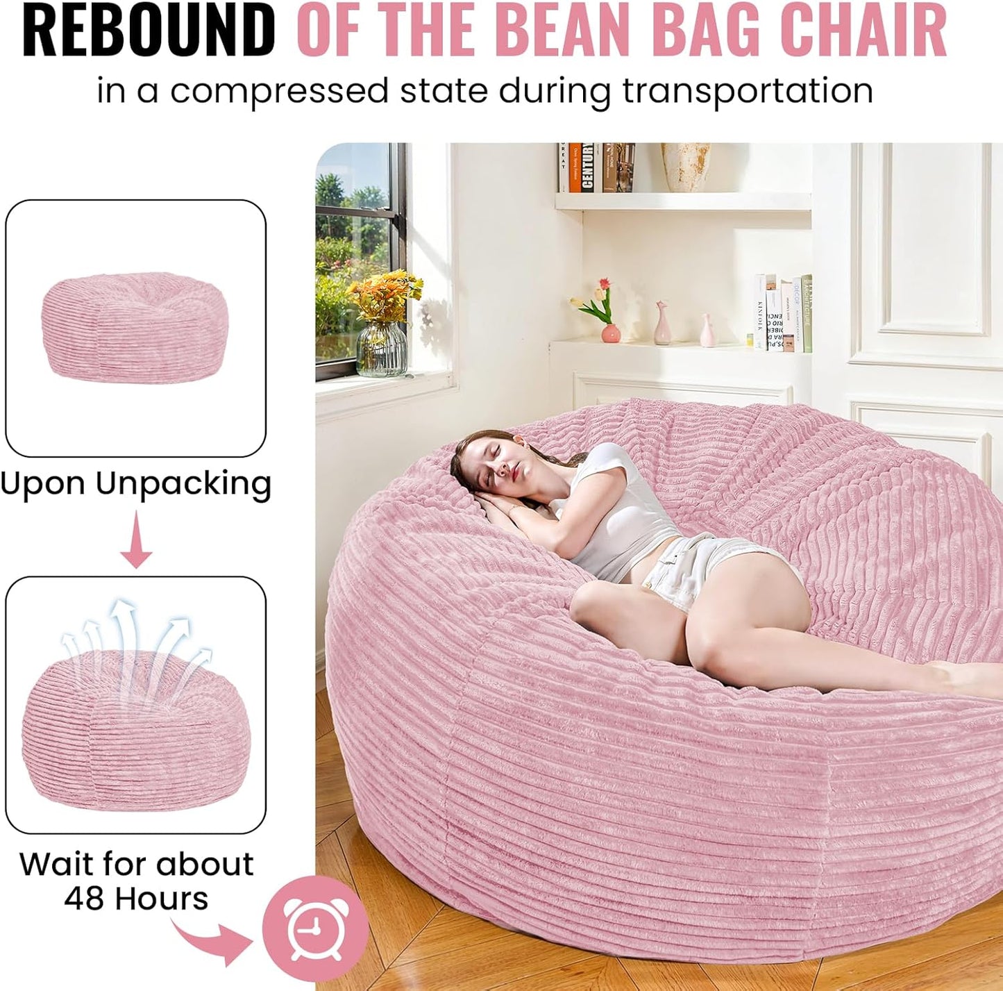 Large Bean Bag Chair, 5FT Giant Beanbag Chairs with Memory Foam Filled, Bean Bag Chairs for Adults, Ultra Soft Lazy Sofa for Living Room Bedroom (Pink)