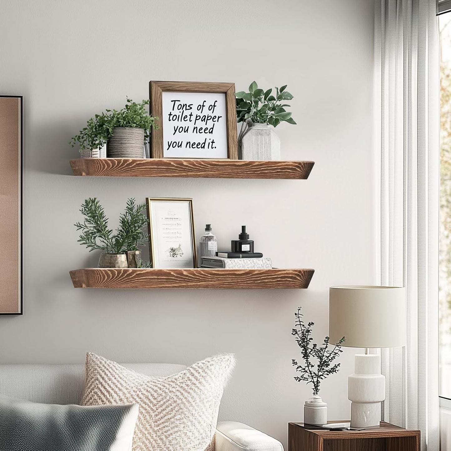 24"x6.8"x1.6" Slanted Floating Wall Shelves 2-Pack - Rustic Brown Finish, Heavy-Duty Solid Wood Design with Hidden Brackets - Perfect for Living Room, Kitchen, Bathroom, or Office