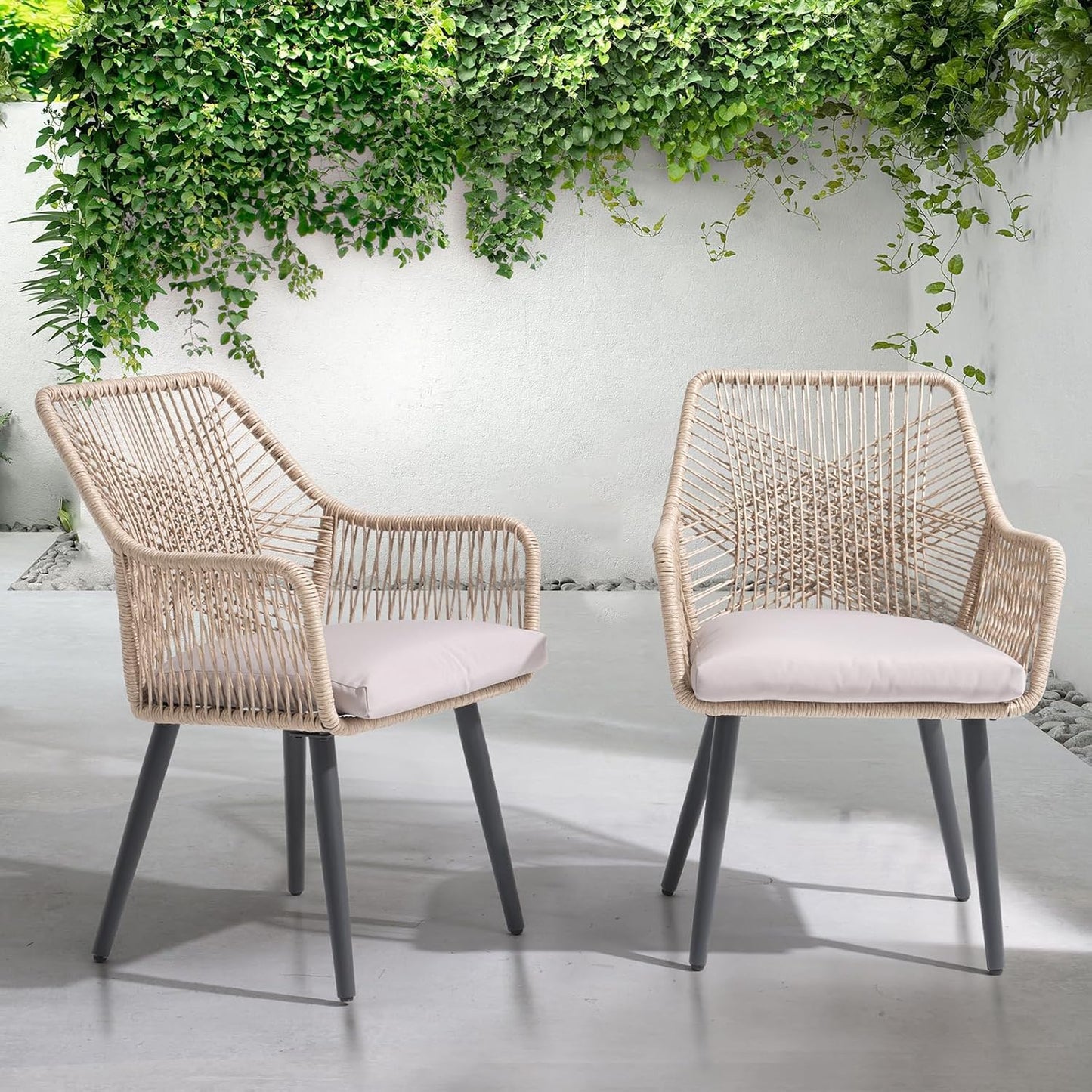 Patiorama Patio Dining Chair Set of 4, Woven Rope Outdoor Dining Chairs w/Steel Frame, All-Weather Twisted Rattan Chairs w/Armrest & Cushion, Outdoor Dining Wicker Chairs for Backyard Garden(Beige)