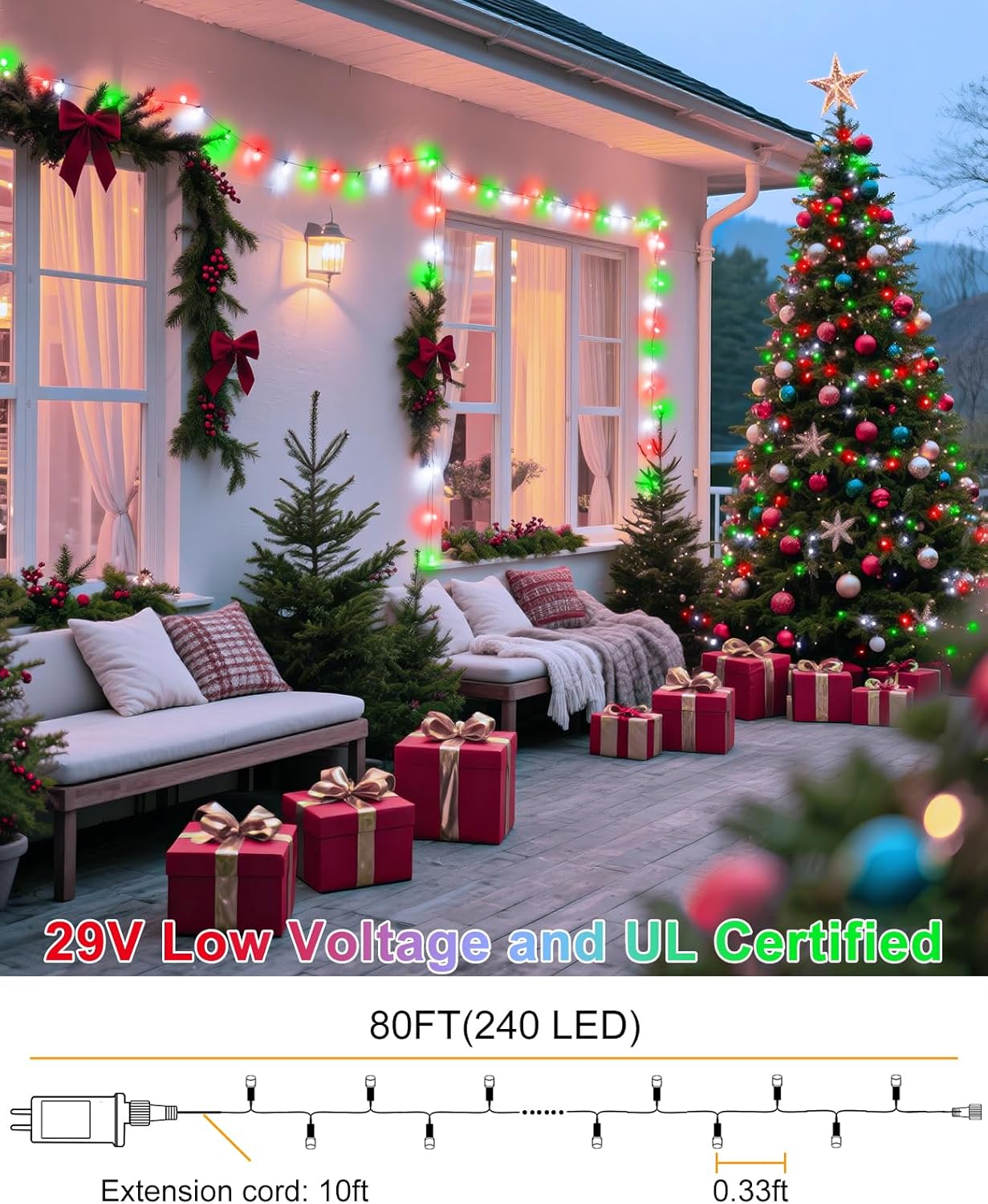 80FT 240 LED Christmas Lights Outdoor, Plug in Christmas Tree Lights Waterproof 8 Modes, Green Wire Connectable String Light for Indoor Garden Xmas Party Holiday Decorations, Red White Green