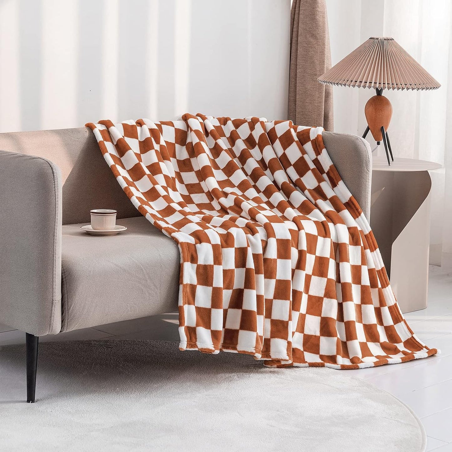 LOMAO Throw Blankets Flannel Blanket with Checkerboard Grid Pattern Soft Throw Blanket for Couch, Bed, Sofa Luxurious Warm and Cozy for All Seasons (Maple Brown, 90"x90")