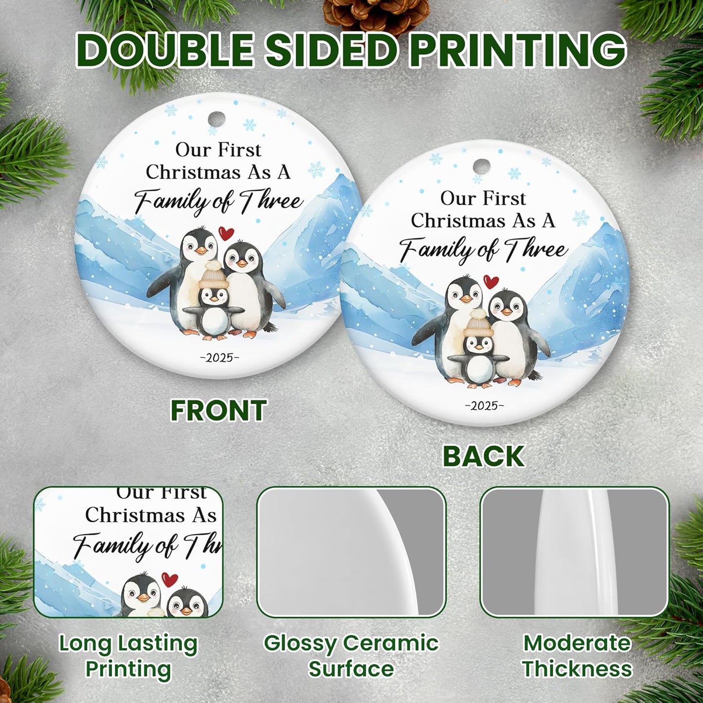 OASSIE Pregnancy Announcement Christmas Decorations - Penguin Ceramic Christmas Ornaments 2025 for Tree Decorations - New Mom Gifts for Women, New Dad Gifts for New Parents, Baby Announcement Ornament