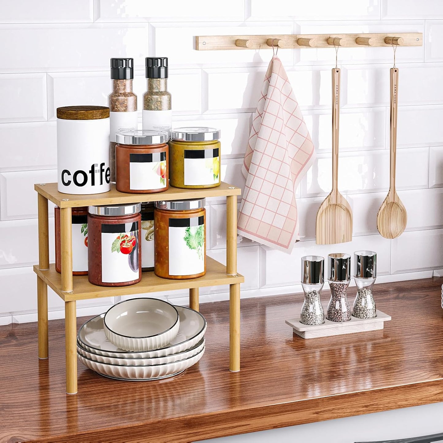 Cabinet Organizer Shelf(Set of 2),Kitchen Counter Shelves,Bamboo Stackable Expandable Spice Rack Countertop(Medium)