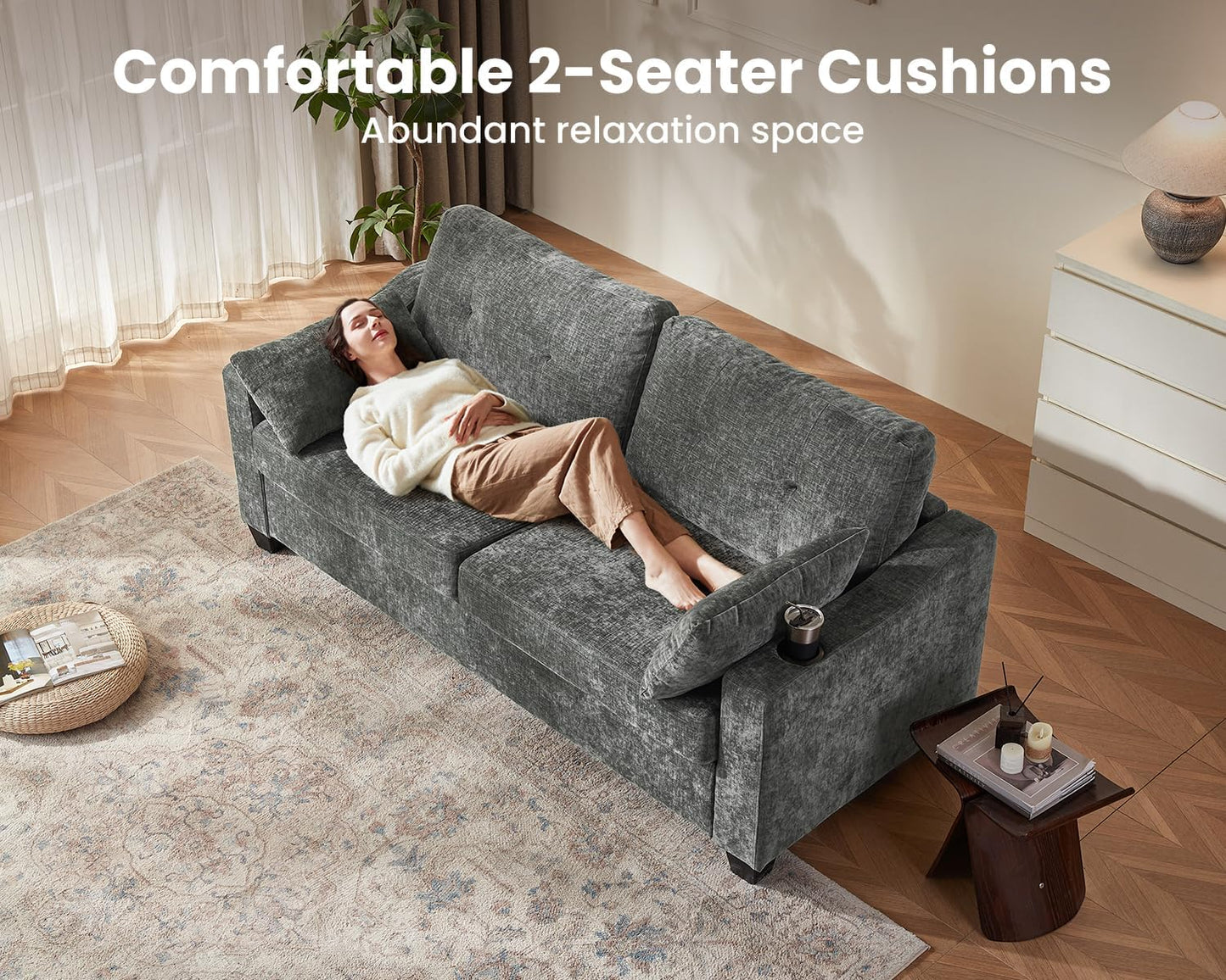 Pull Out Sofa Bed, Full Size Sleeper Sofa, 2-in-1 Convertible Corduroy Couch with USB Charging, Memory Form Couch for Living Room, Apartment and Small Space (Dark Grey, Chenille - Queen Size)