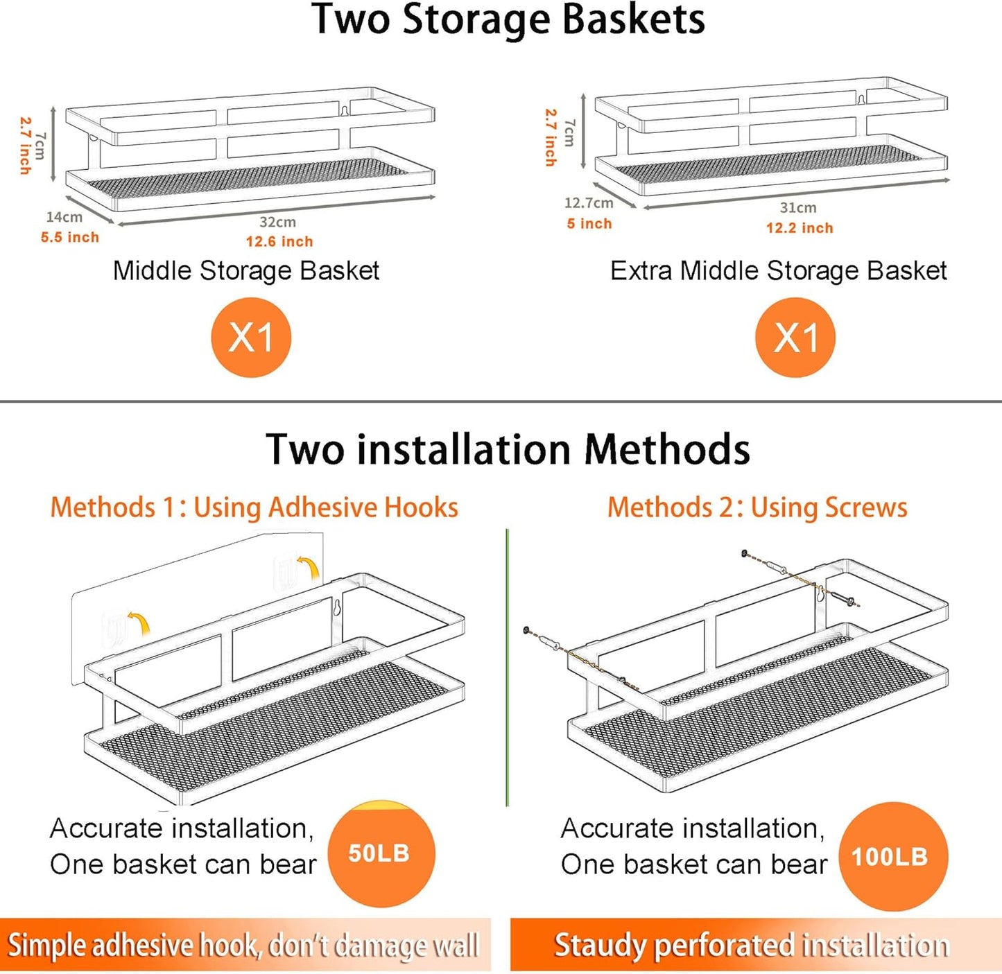 PUSDON Metal Wall Hanging Basket 2 Packs DIY Suitable for Multiple Scenes - Middle White Guardrail Suit