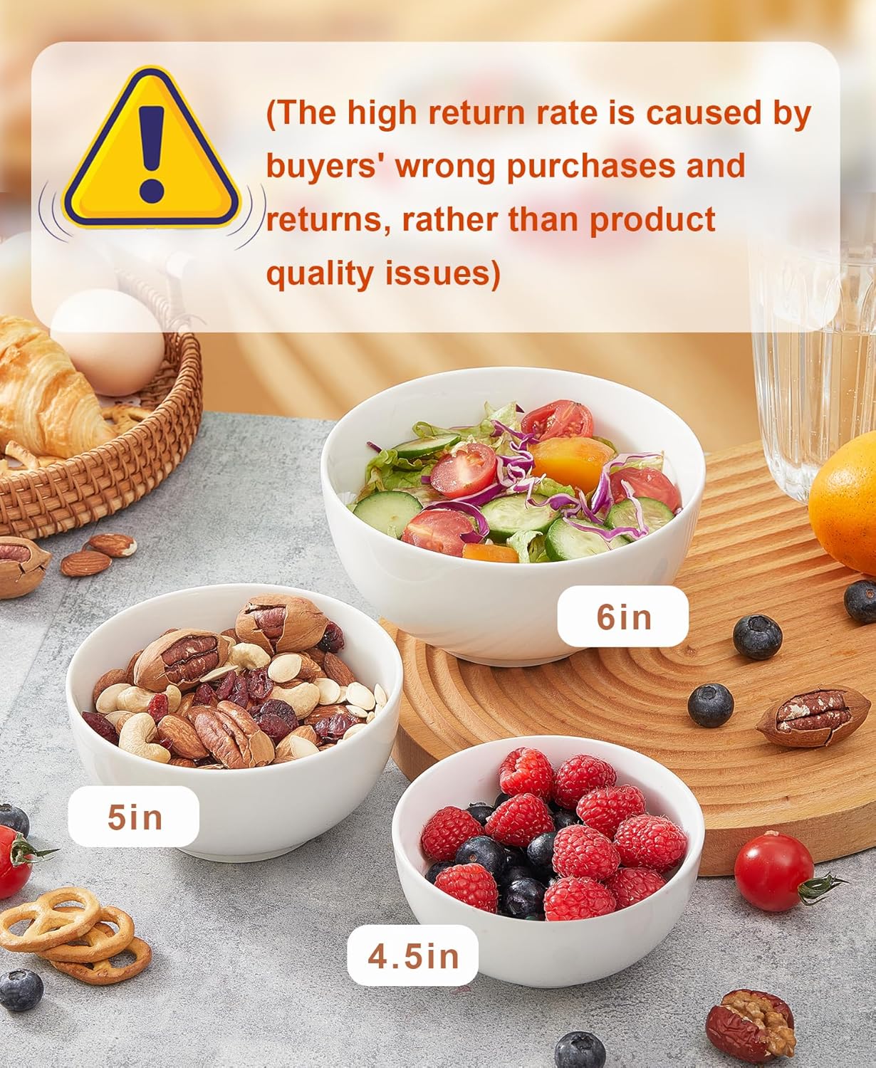 White Soup Bowls 6 in, 26Oz round Large Ceramic Bowl set of 6, Deep Porcelain Bowls for Cereal, Salad, Noodles, Dishwasher/Microwave safe