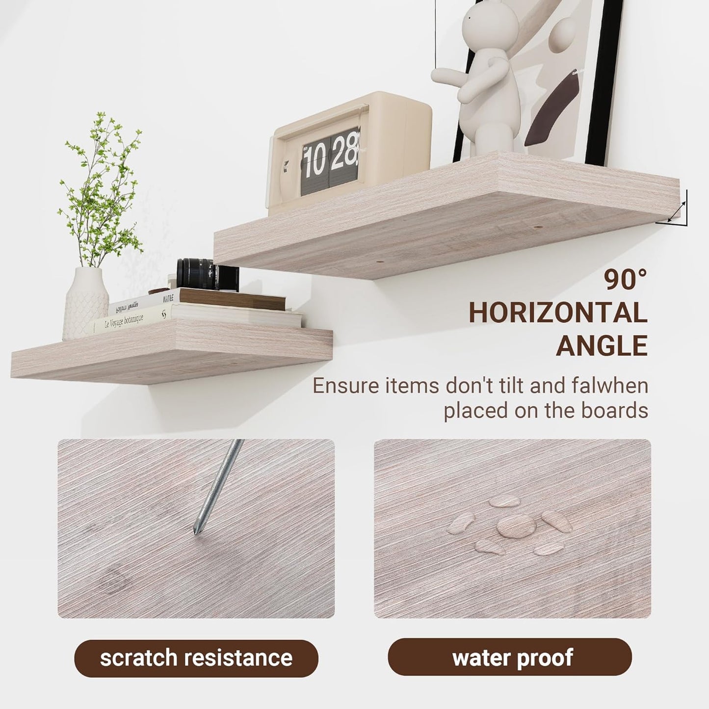 48 Inch Floating Shelves, 3D Textured Wood Grain, 48"x9.25"x1.5" Inch Deep Floating Shelves for Wall, Wooden Shelves for Bathroom, Bedroom, Living Room, Washed White