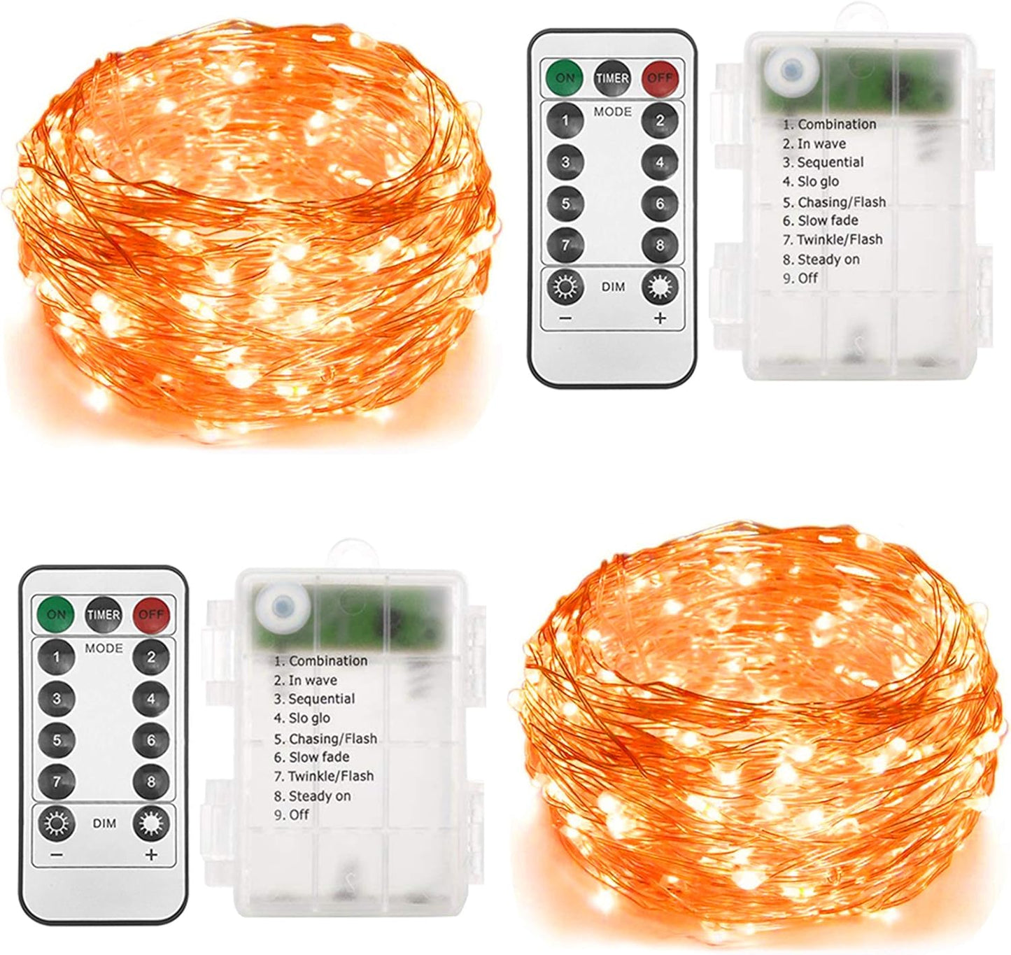 Twinkle Star 2 Pack Orange Halloween Fairy Lights Battery Operated, Total 66 ft 200 Led String Lights Remote Control Timer Silver String Light 8 Modes Firefly Lights for Garden Party Indoor Decor
