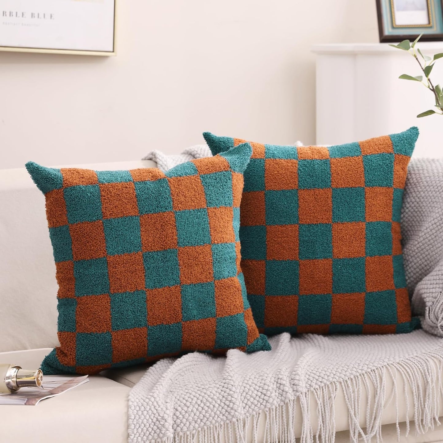 Alysheer Checkered Embroidered Decorative Throw Pillow Covers 18"x 18" Set of 2, Farmhouse Cottage Teal Brown Plaid Tufted Patterned Cotton Canvas Cushion Case for Sofa Couch Bed Living Room