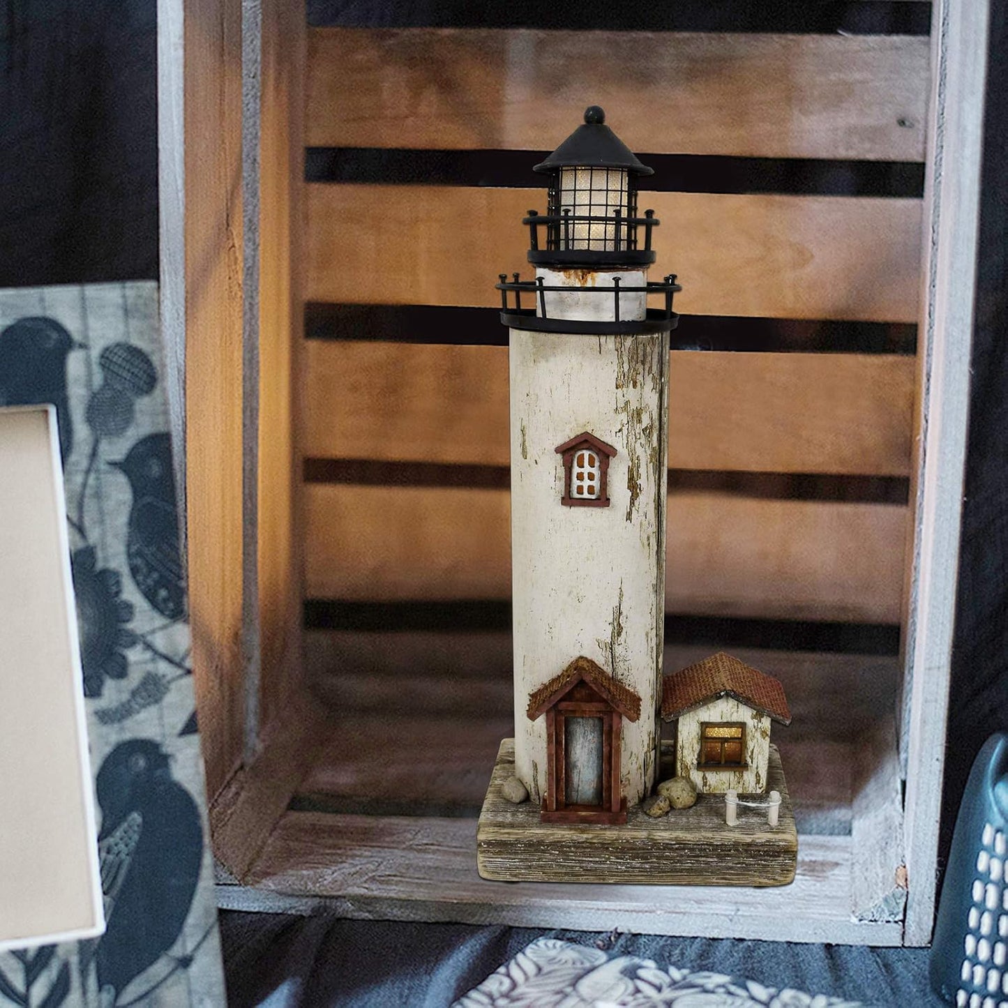 Linfevisi Wood Lighthouse Decor Rustic LED Light House Decor Wooden Decorative Nautical Lighthouse Statue Coastal Beach Themed Lighthouse Handcrafted Tabletop Decoration Home Bathroom (12")